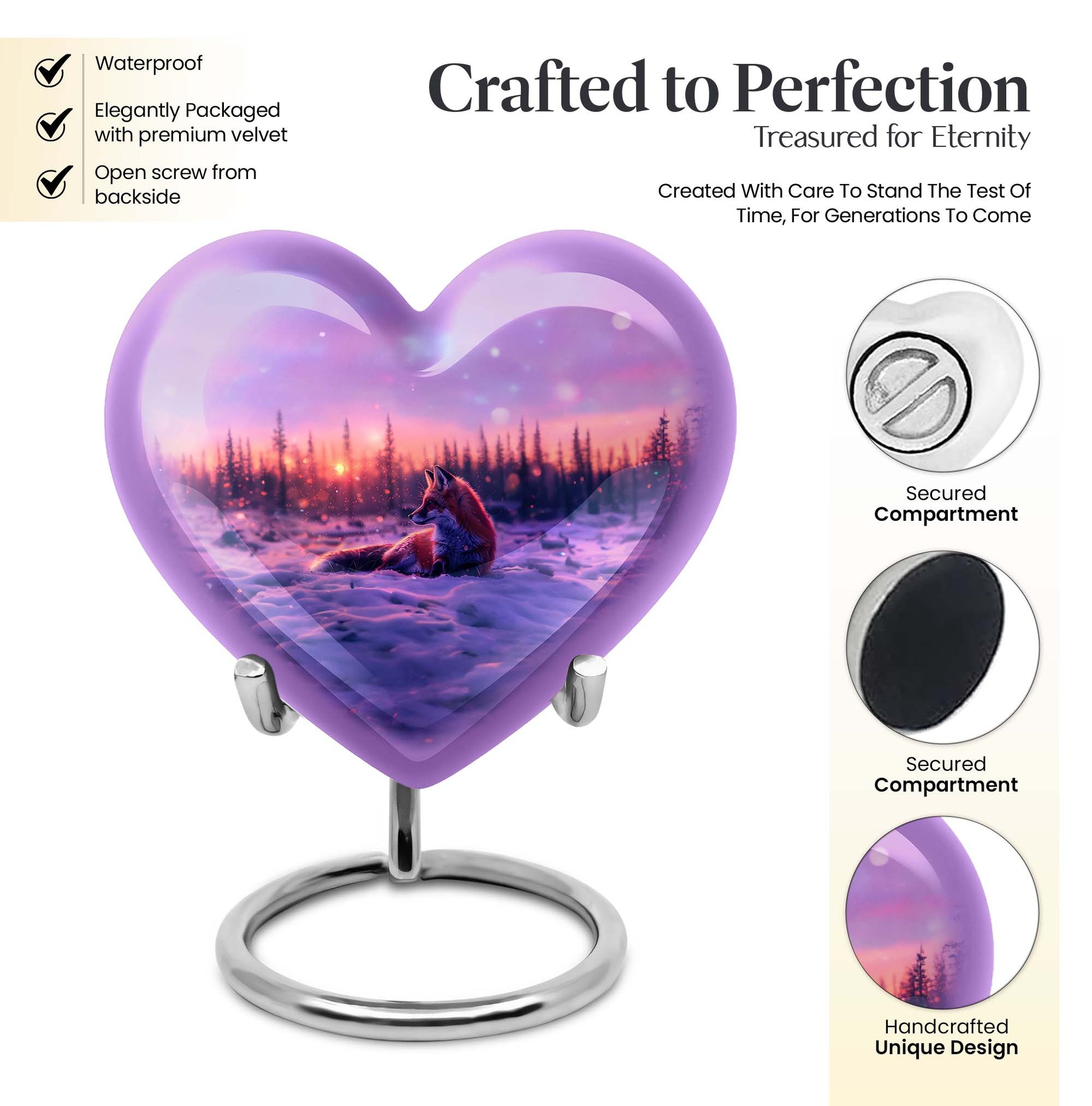 10-inch heart-shaped fox urn with butterfly theme, includes personalization and velvet pouch.