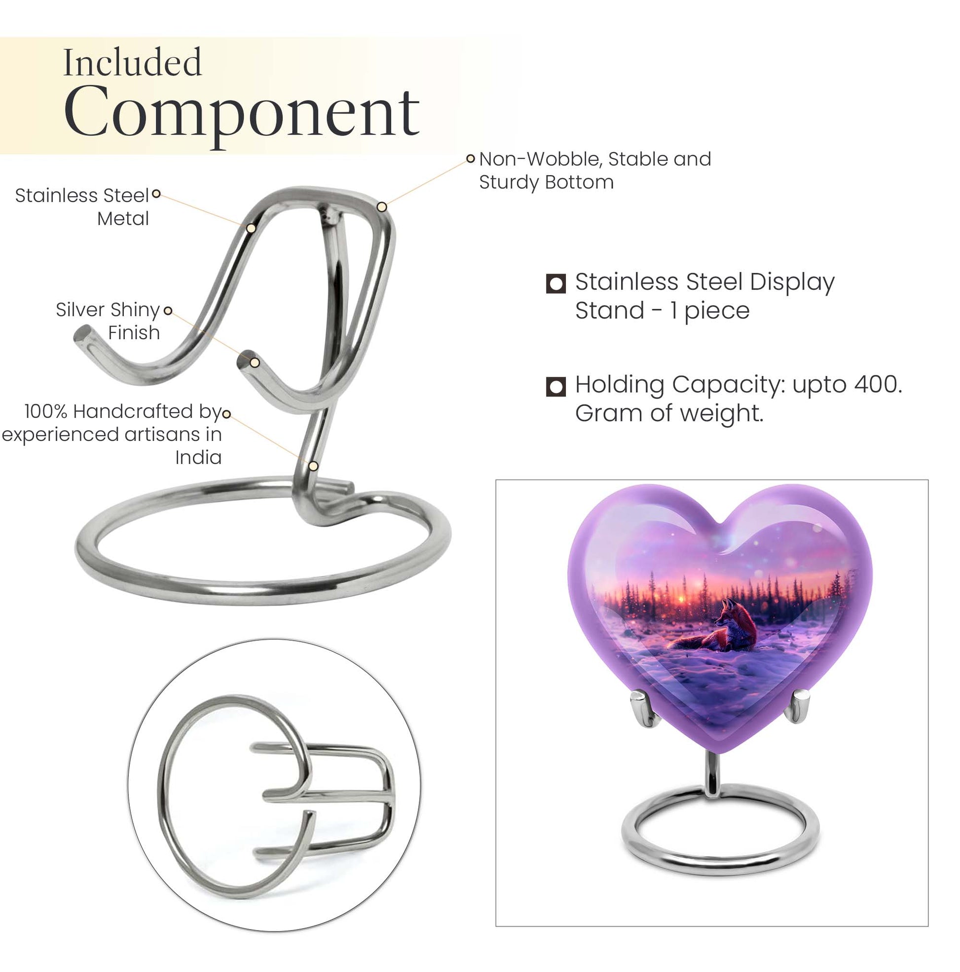 10-inch heart-shaped fox urn with butterfly theme, includes personalization and velvet pouch.