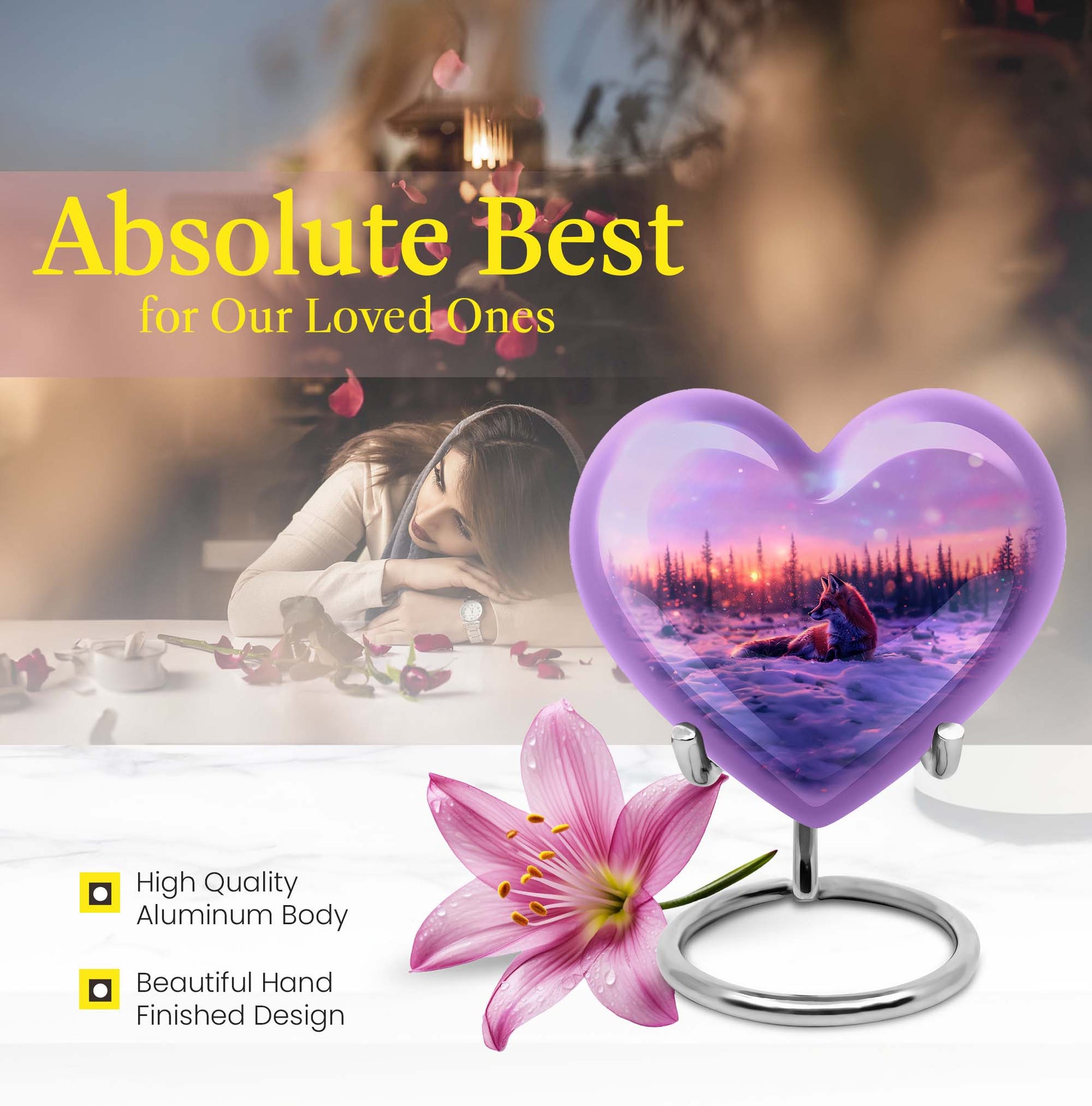 10-inch heart-shaped fox urn with butterfly theme, includes personalization and velvet pouch.