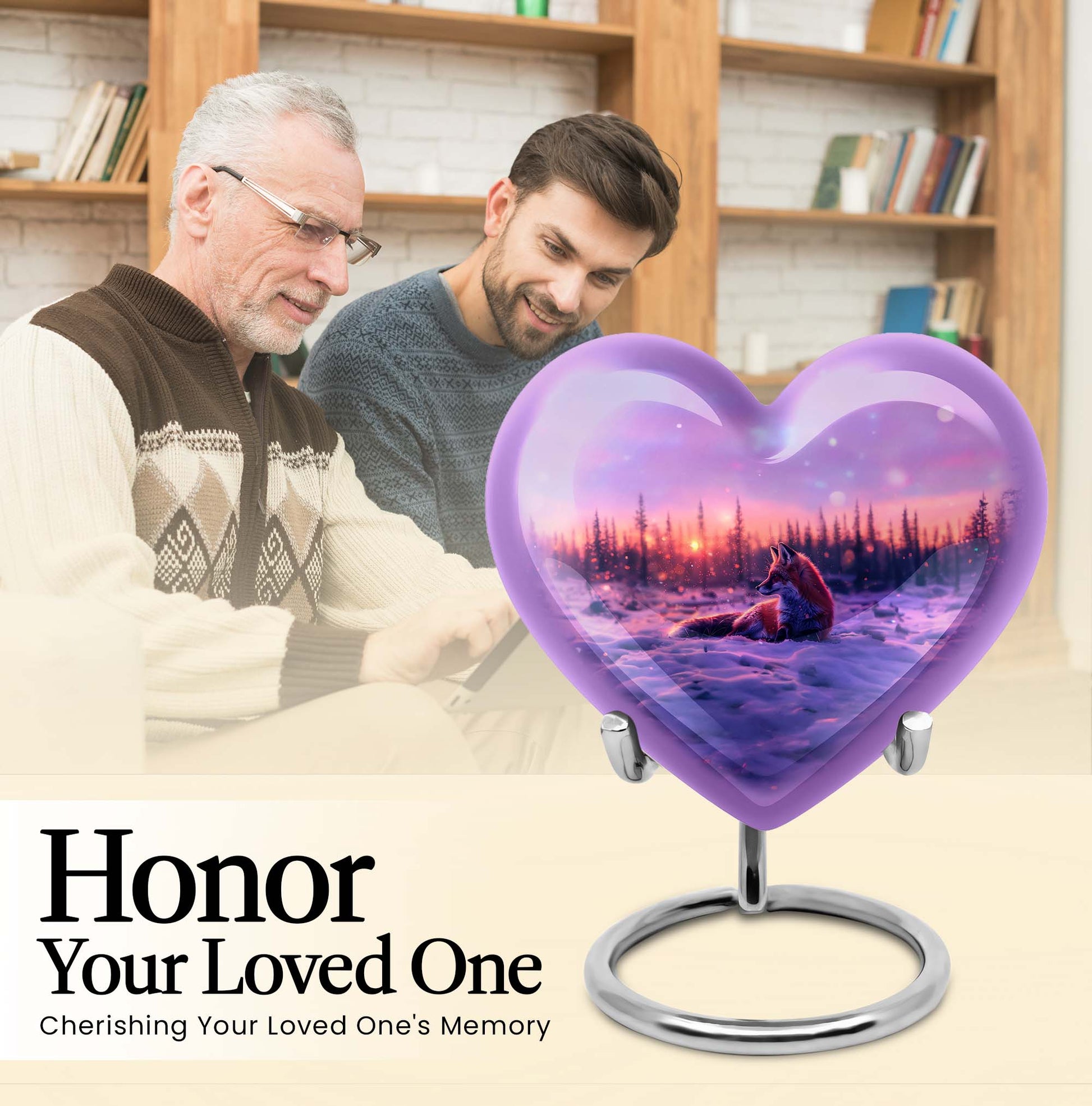 10-inch heart-shaped fox urn with butterfly theme, includes personalization and velvet pouch.