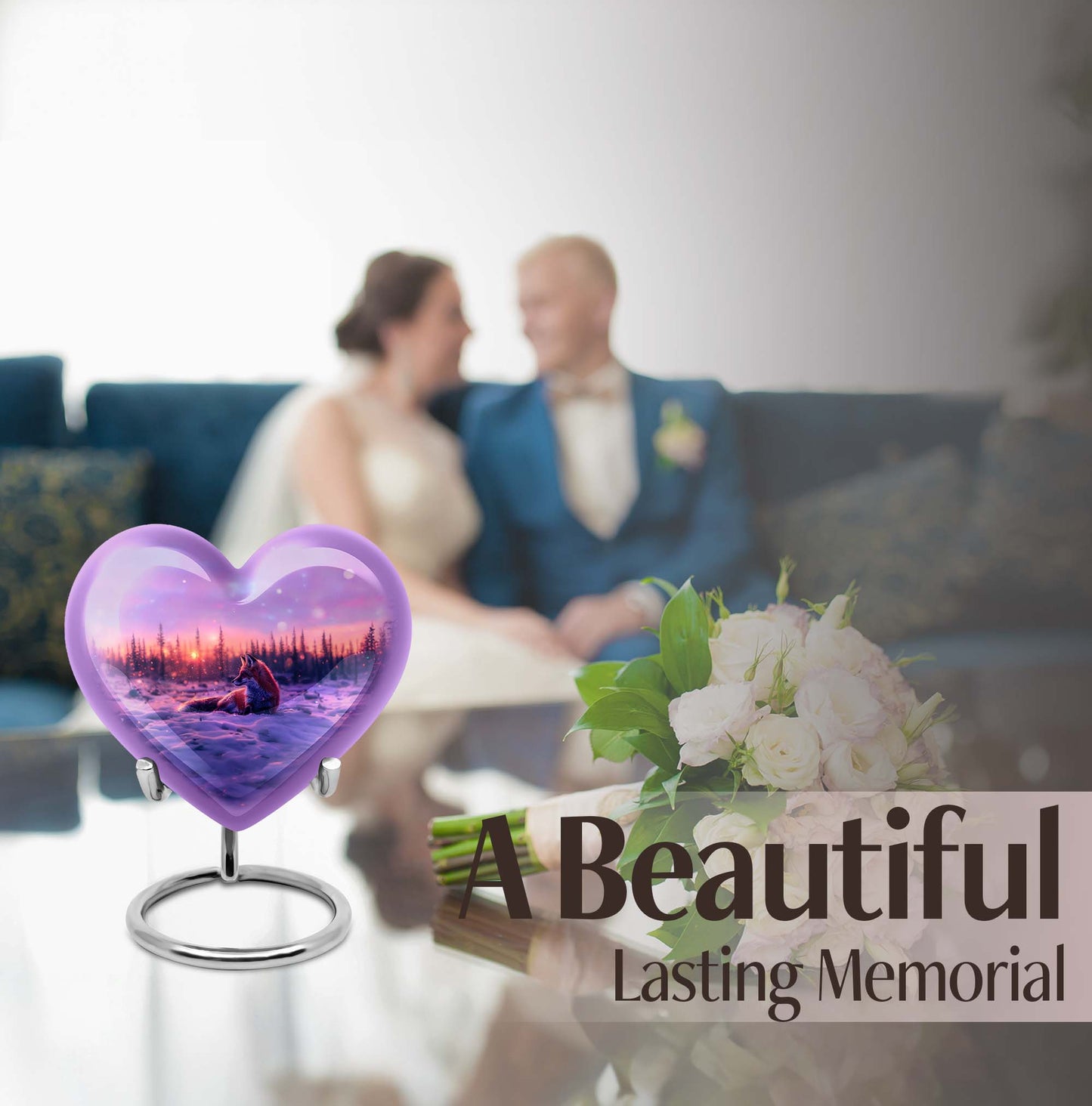 10-inch heart-shaped fox urn with butterfly theme, includes personalization and velvet pouch.