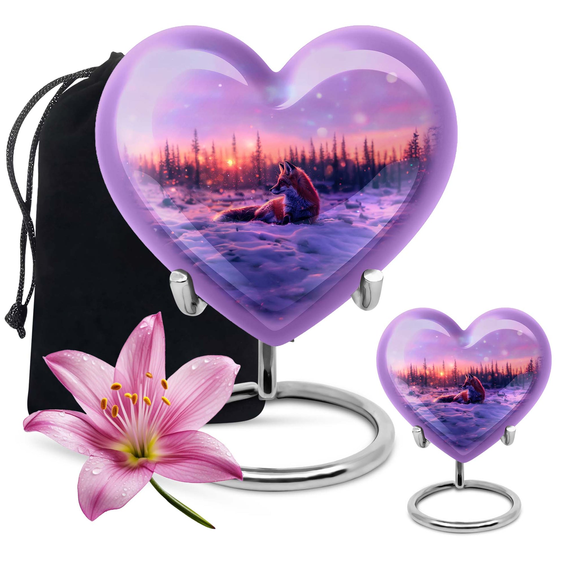 10-inch heart-shaped fox urn with butterfly theme, includes personalization and velvet pouch.