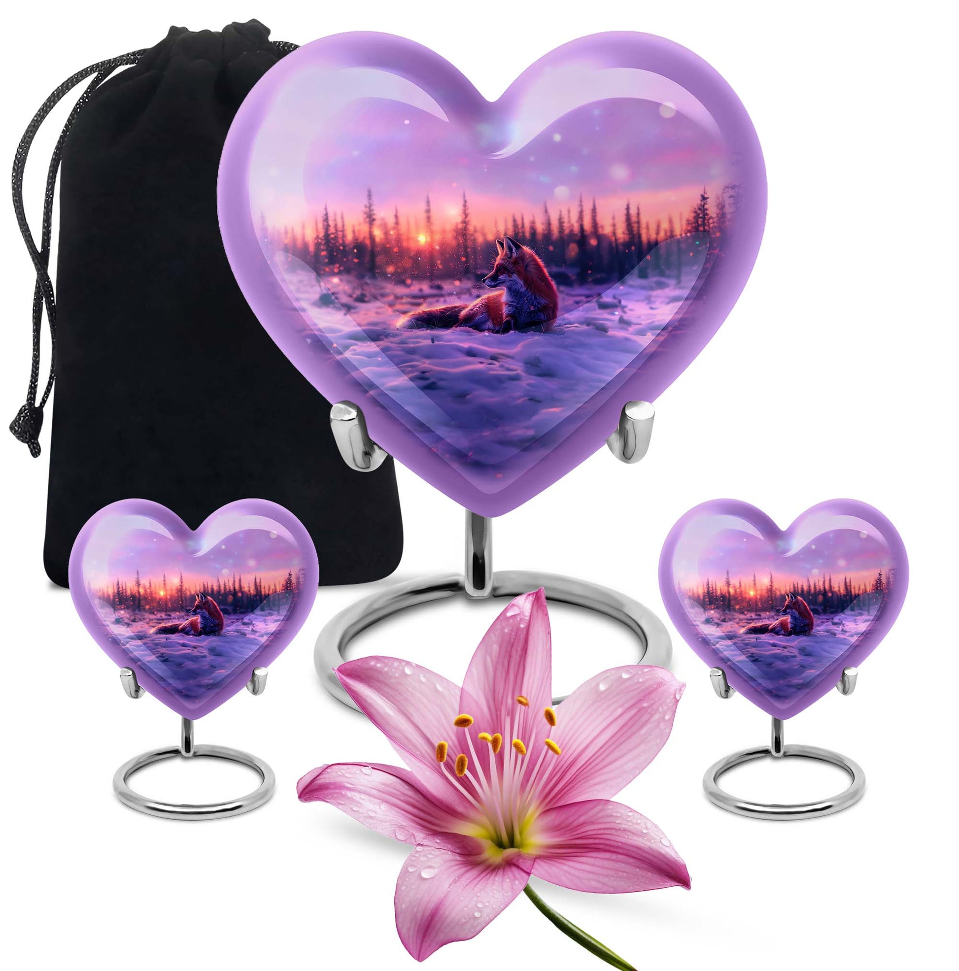 10-inch heart-shaped fox urn with butterfly theme, includes personalization and velvet pouch.