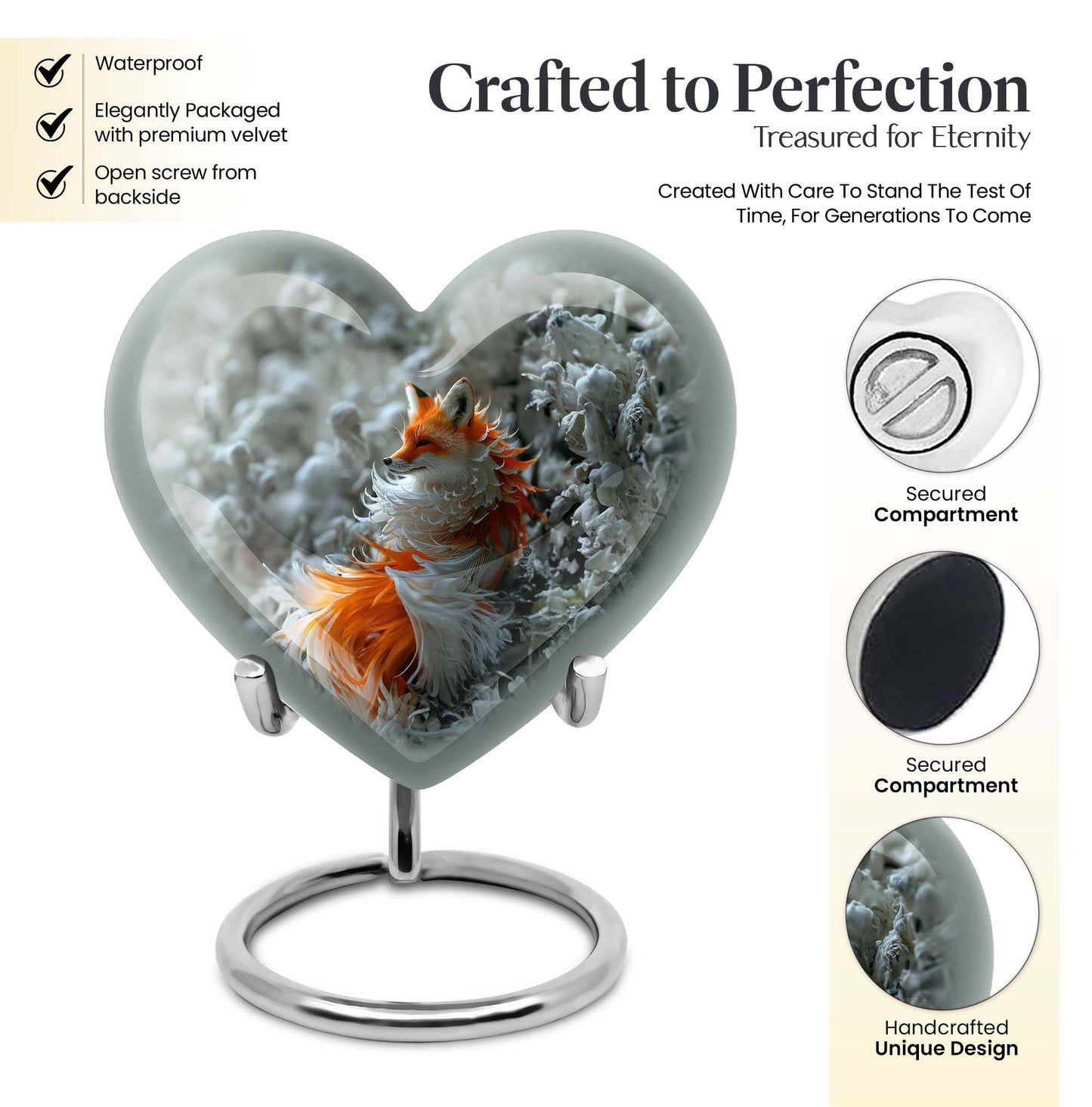 10-inch heart-shaped fox urn 