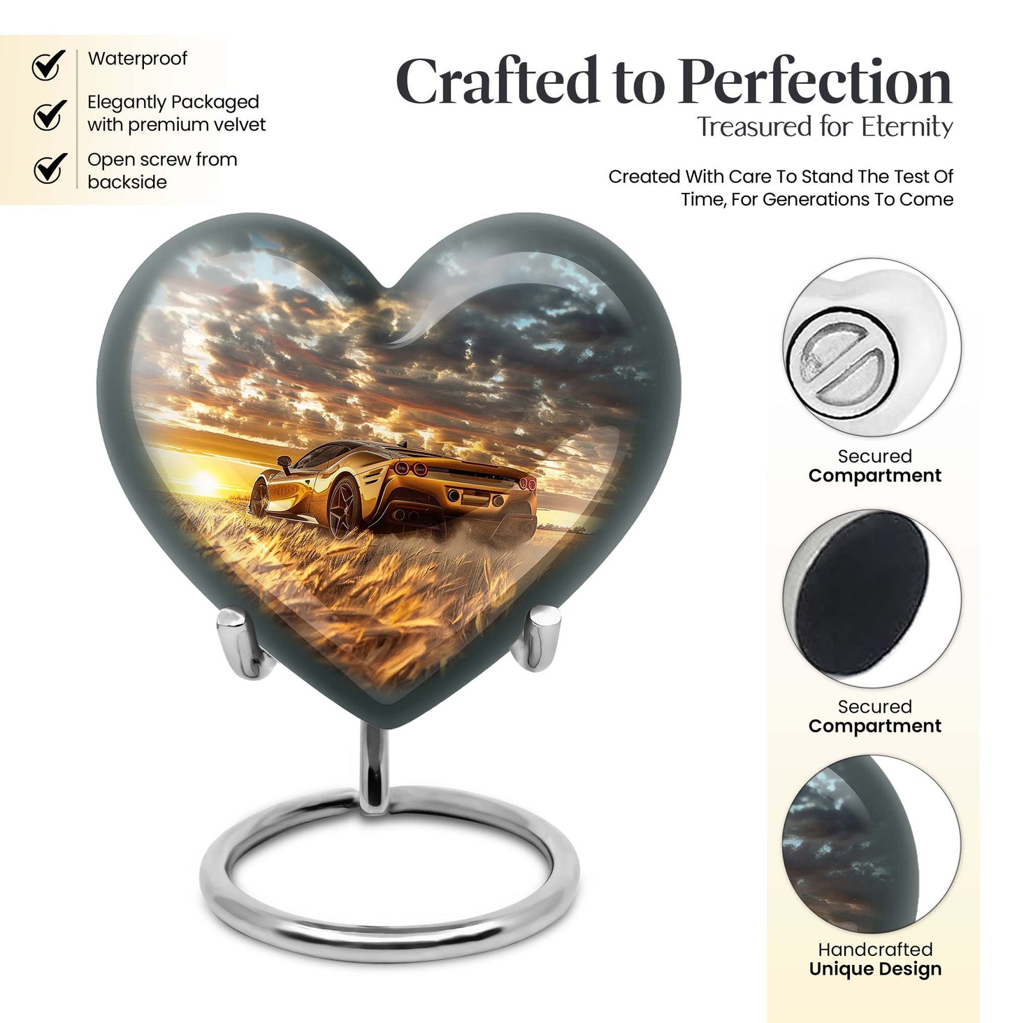 10-inch heart shaped car urn with butterfly design for dad