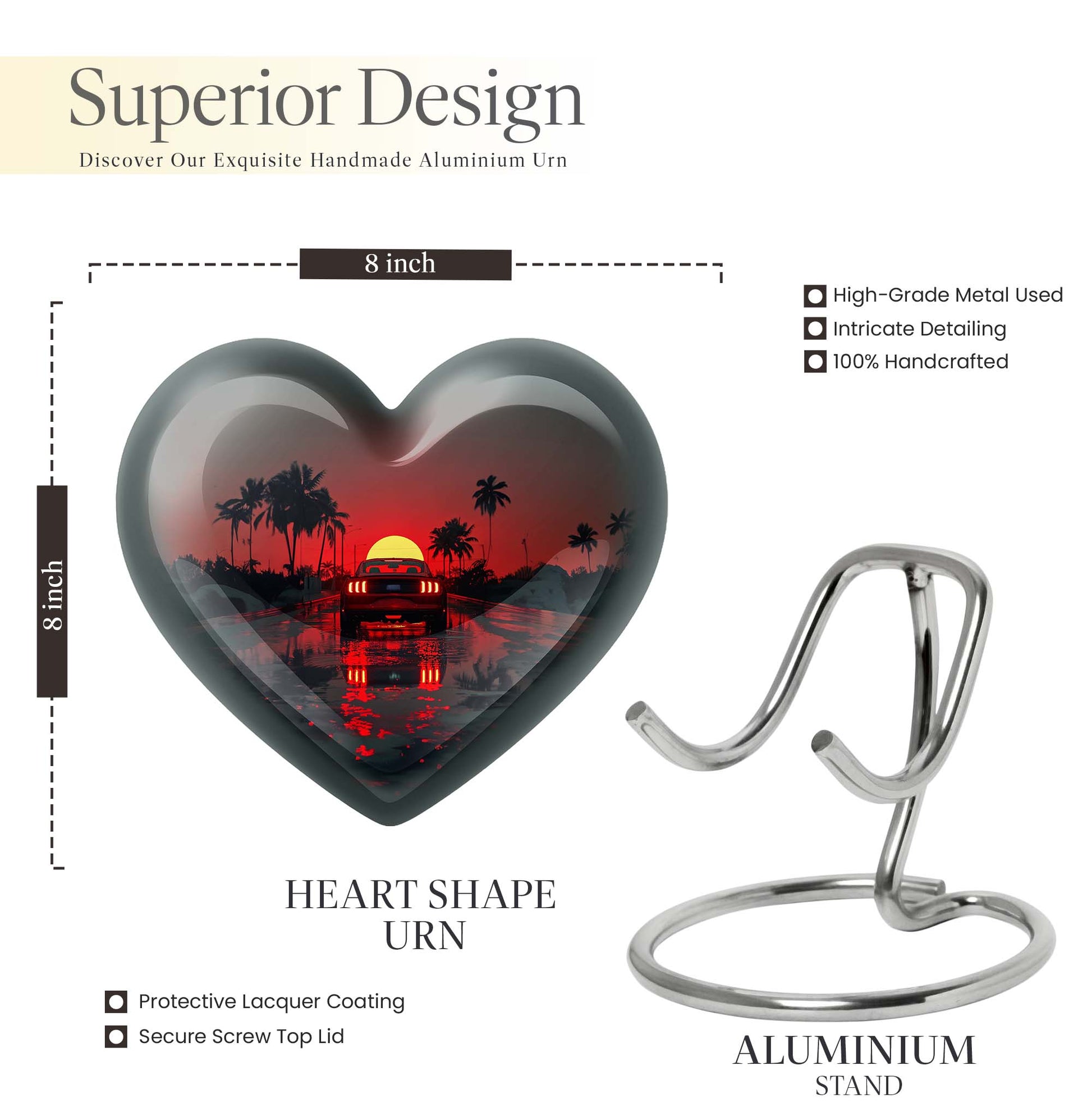 Butterfly themed 10-inch Heart car Urn, aluminium large 