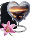 10 inch high heart-shaped memorial car urn with butterfly theme, crafted from aluminum for storage of ashes