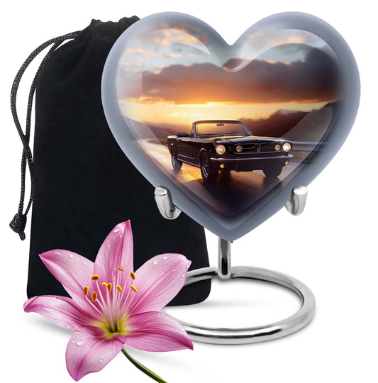 10 inch high heart-shaped memorial car urn with butterfly theme, crafted from aluminum for storage of ashes