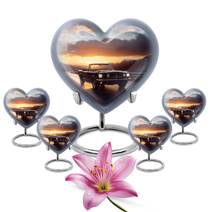 10 inch high heart-shaped memorial car urn with butterfly theme, crafted from aluminum for storage of ashes