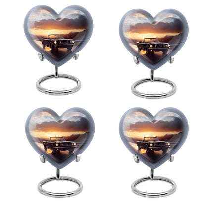 10 inch high heart-shaped memorial car urn with butterfly theme, crafted from aluminum for storage of ashes