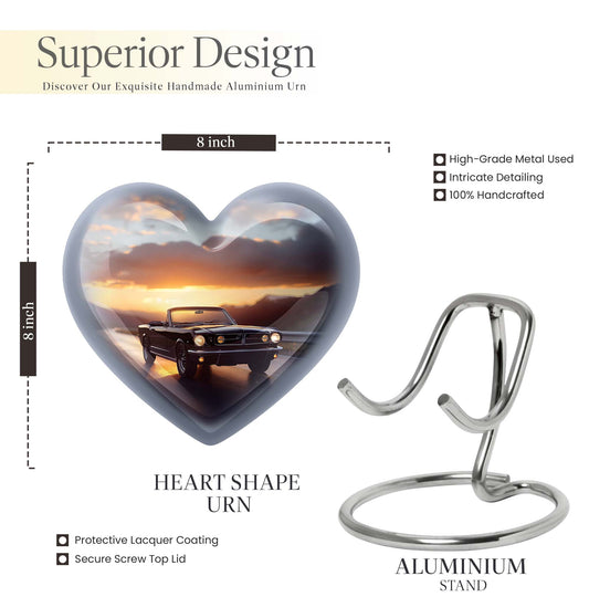 10 inch high heart-shaped memorial car urn with butterfly theme, crafted from aluminum for storage of ashes