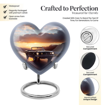 10 inch high heart-shaped memorial car urn with butterfly theme, crafted from aluminum for storage of ashes