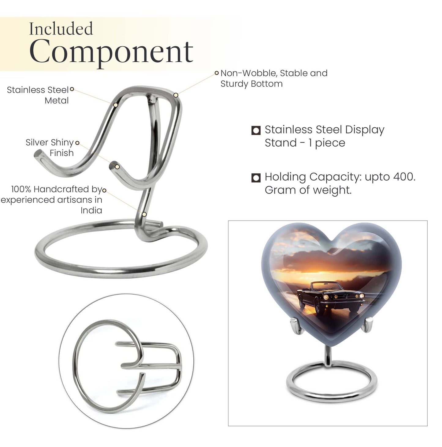 10 inch high heart-shaped memorial car urn with butterfly theme, crafted from aluminum for storage of ashes