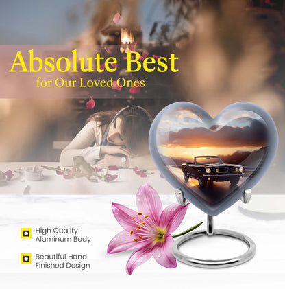 10 inch high heart-shaped memorial car urn with butterfly theme, crafted from aluminum for storage of ashes