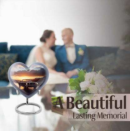 10 inch high heart-shaped memorial car urn with butterfly theme, crafted from aluminum for storage of ashes