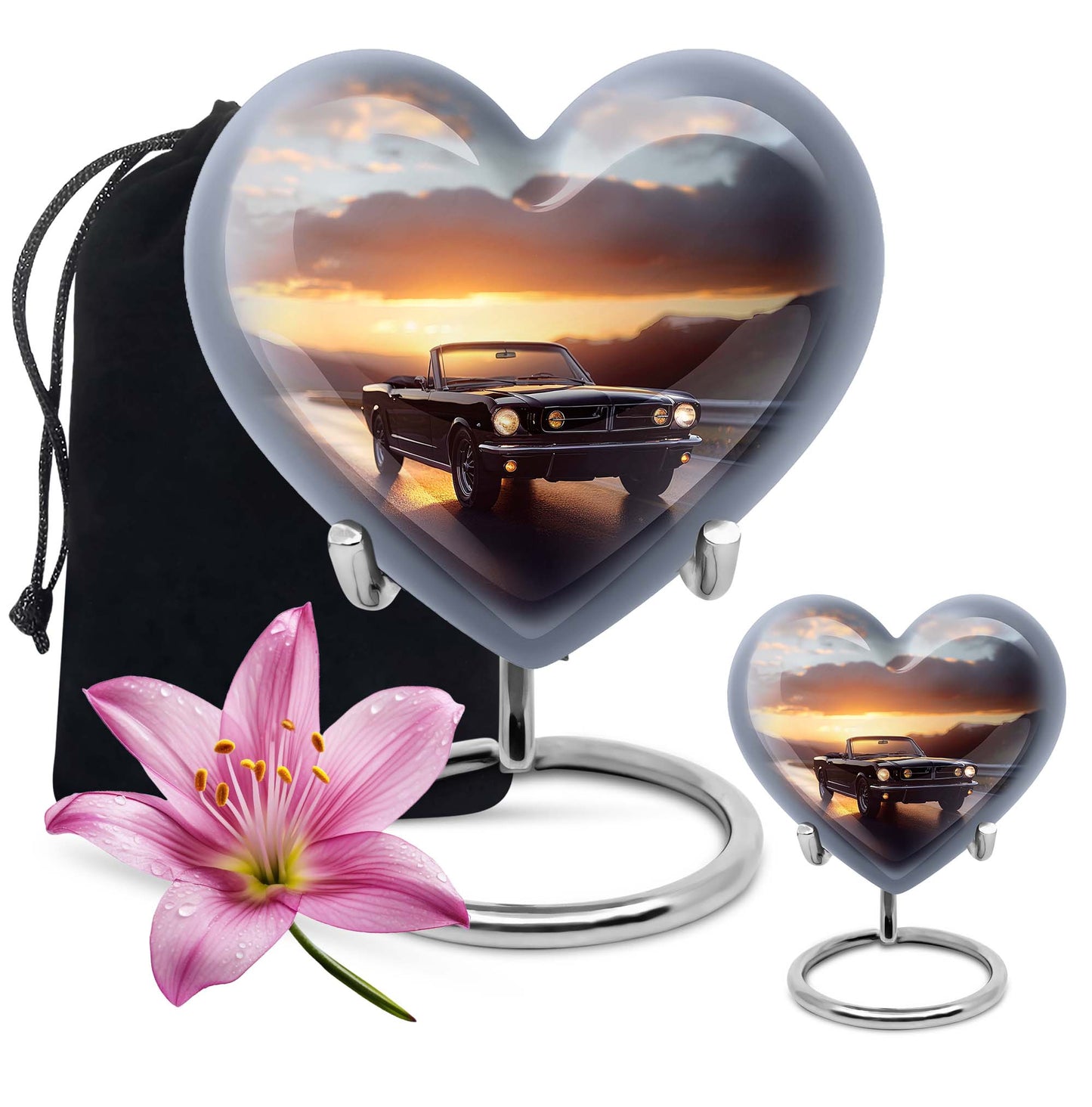 10 inch high heart-shaped memorial car urn with butterfly theme, crafted from aluminum for storage of ashes