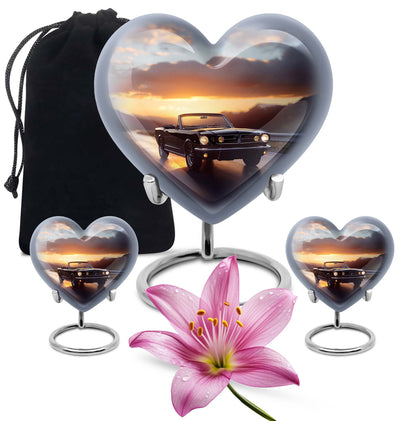 10 inch high heart-shaped memorial car urn with butterfly theme, crafted from aluminum for storage of ashes