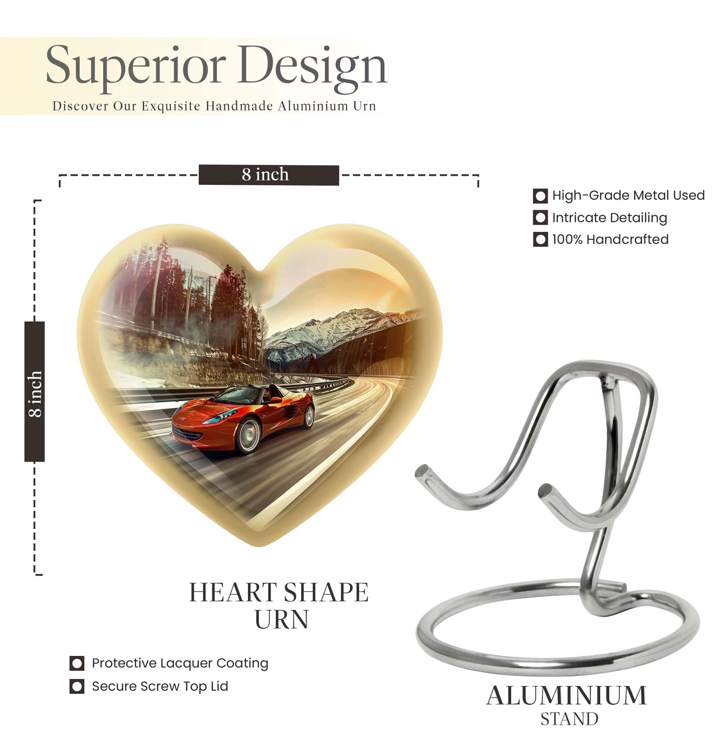 Heart-shaped car urn with butterfly theme for memorial funeral, 10-inch Aluminium