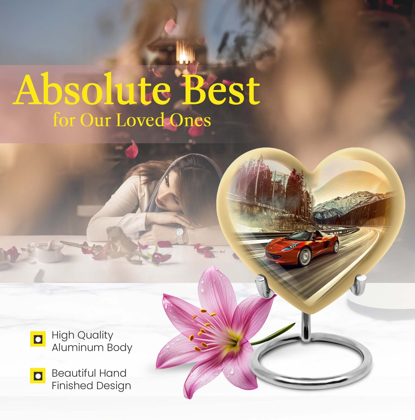 Heart-shaped car urn with butterfly theme for memorial funeral, 10-inch Aluminium