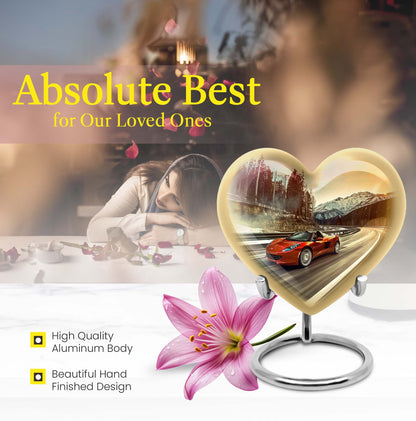 Heart-shaped car urn with butterfly theme for memorial funeral, 10-inch Aluminium
