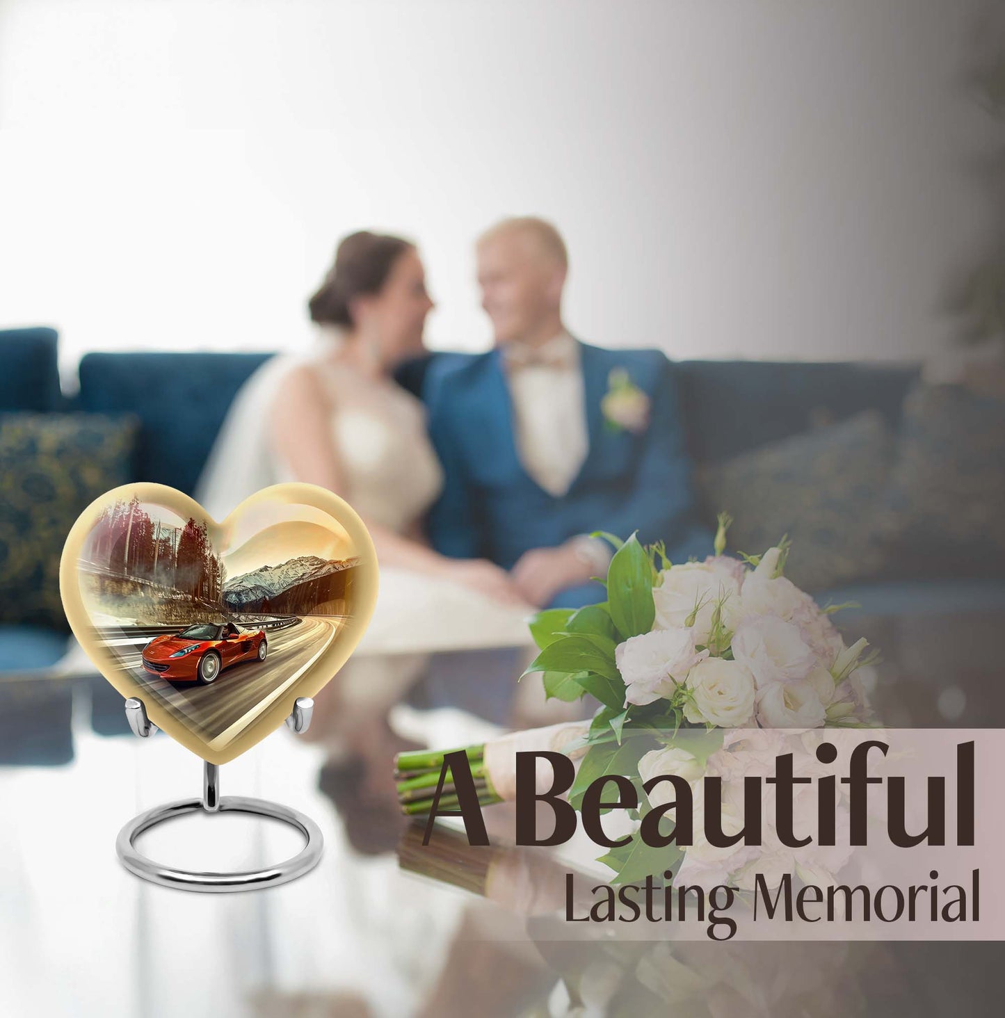 Heart-shaped car urn with butterfly theme for memorial funeral, 10-inch Aluminium