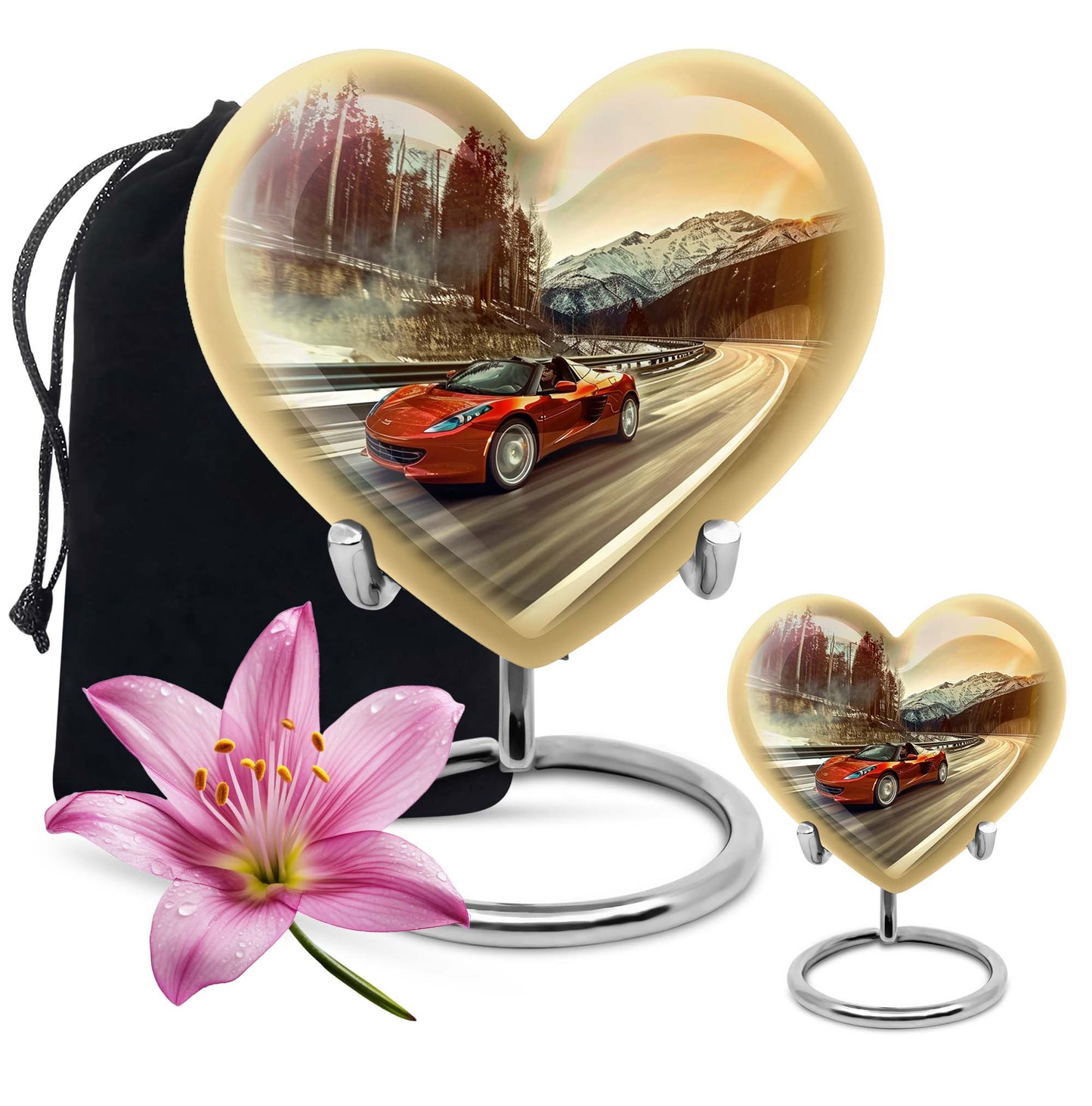 Heart-shaped car urn with butterfly theme for memorial funeral, 10-inch Aluminium