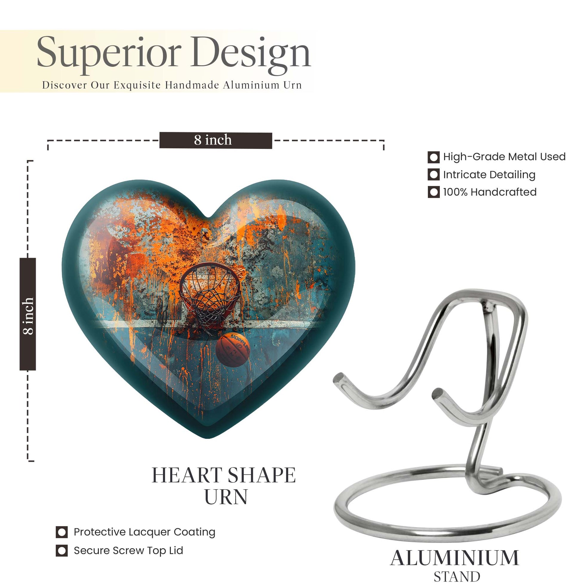 10-inch heart-shaped basketball cremation urn 