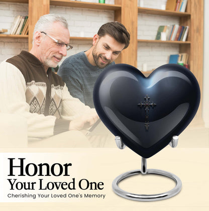 10-inch Aurora Borealis themed heart-shaped cross urn made of aluminium for ashes, comes with velvet pouch.