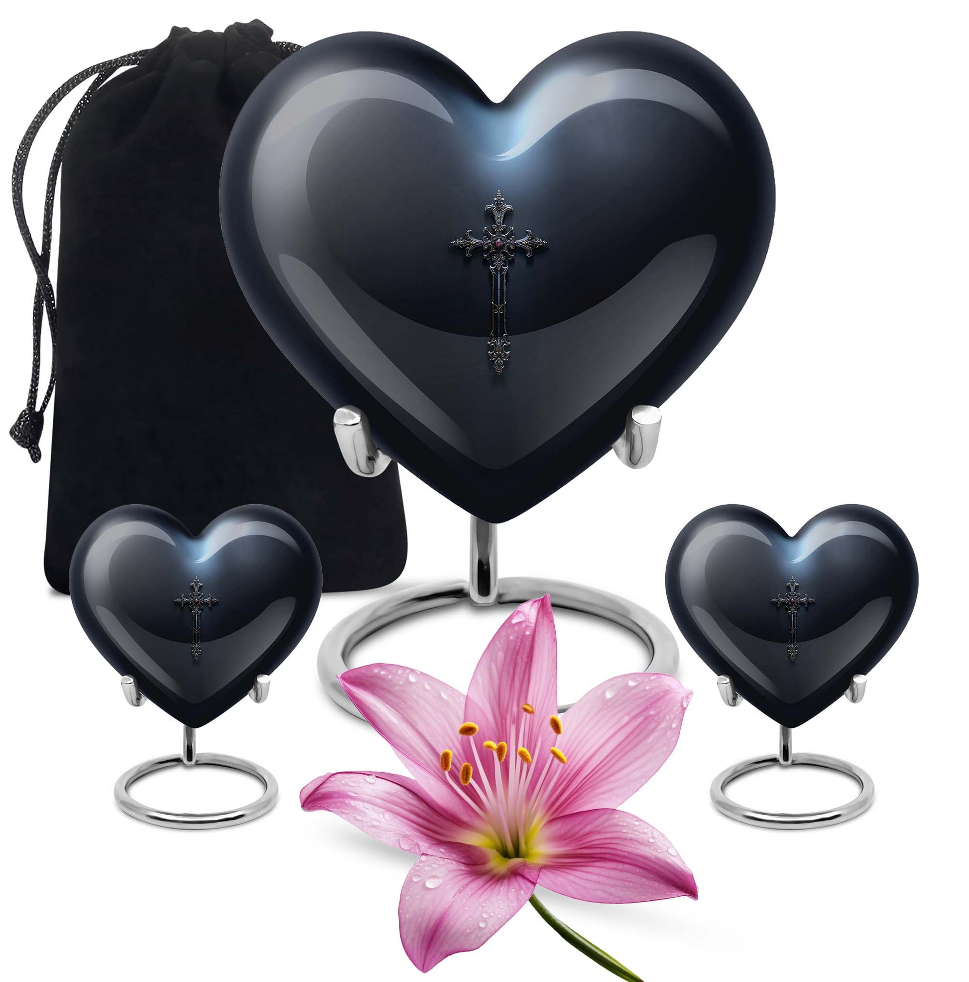 10-inch Aurora Borealis themed heart-shaped cross urn made of aluminium for ashes, comes with velvet pouch.