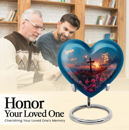 10-inch Heart-shaped Aurora Borealis themed cross urn