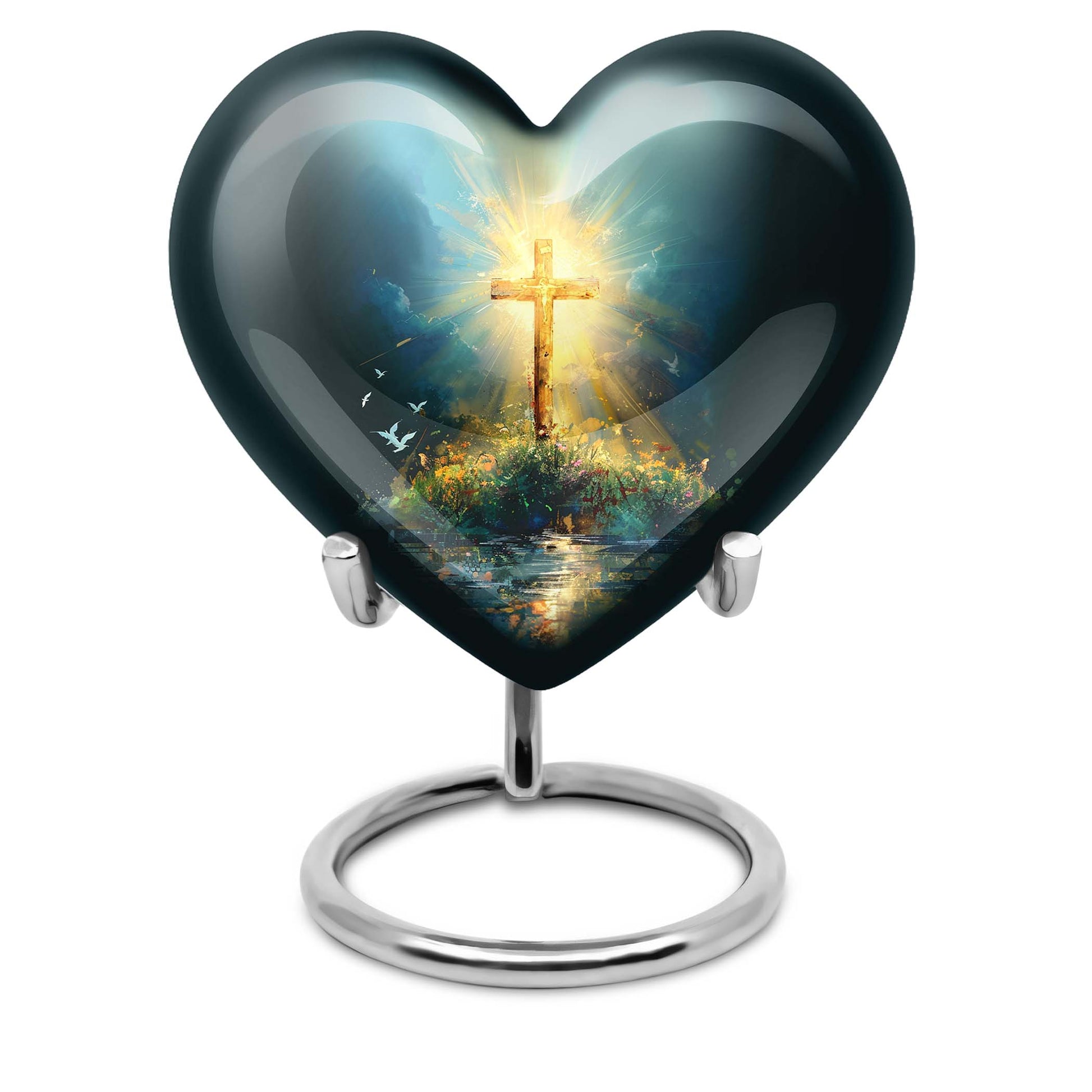 heart urn with Aurora Borealis