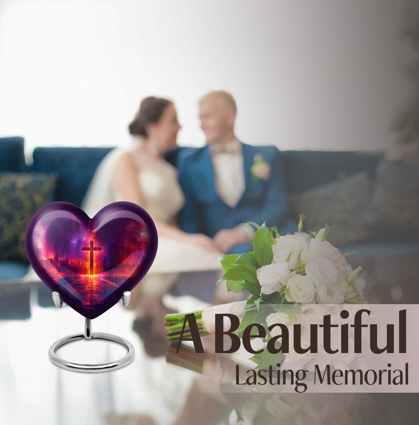 Heart-shaped cremation urn with Aurora Borealis theme for adult male ashes