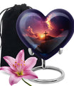 10-inch heart-shaped cross urn for women's ashes, Gramophone-themed, made of aluminium