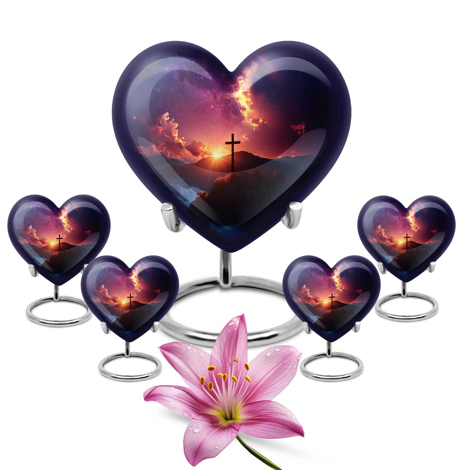 10-inch heart-shaped cross urn for women's ashes, Gramophone-themed, made of aluminium