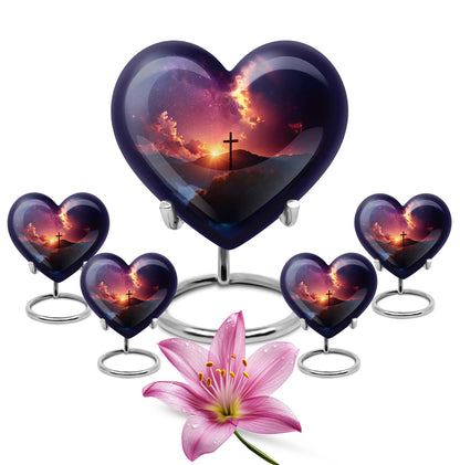 10-inch heart-shaped cross urn for women's ashes, Gramophone-themed, made of aluminium