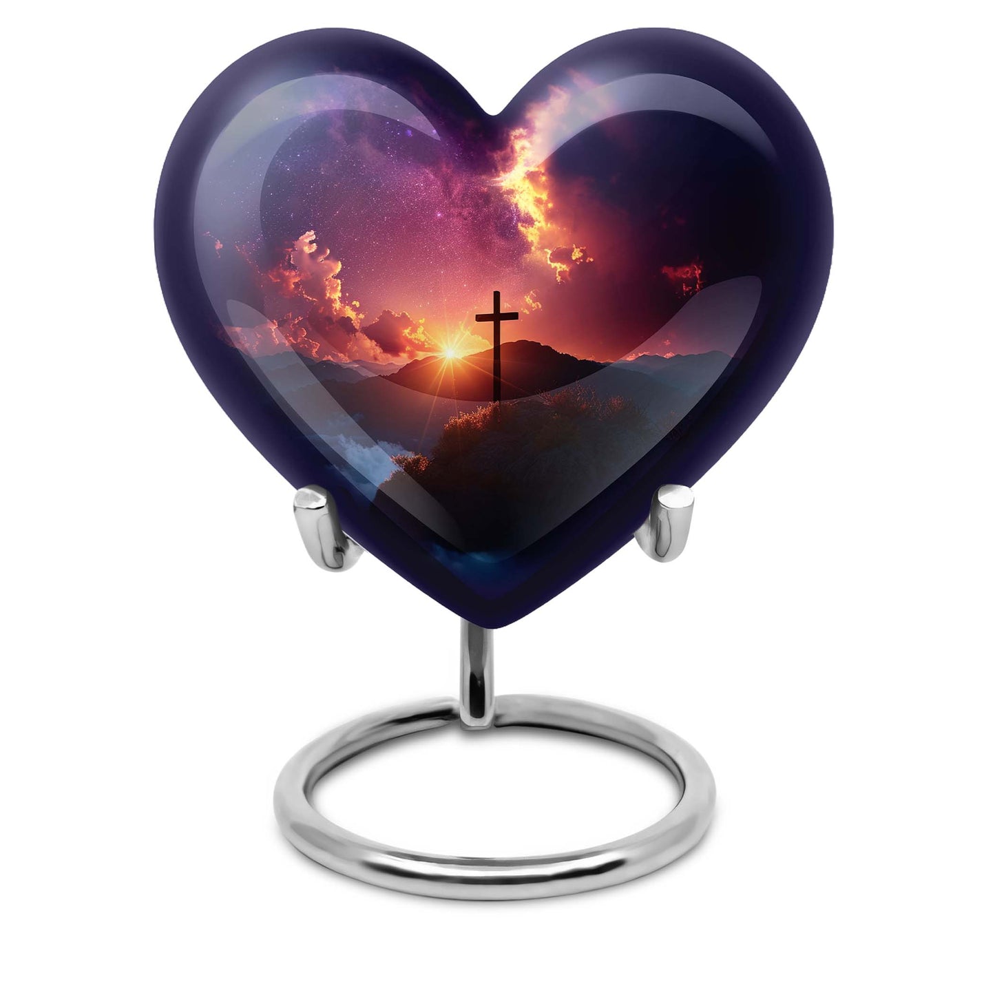 10-inch heart-shaped cross urn for women's ashes, Gramophone-themed, made of aluminium