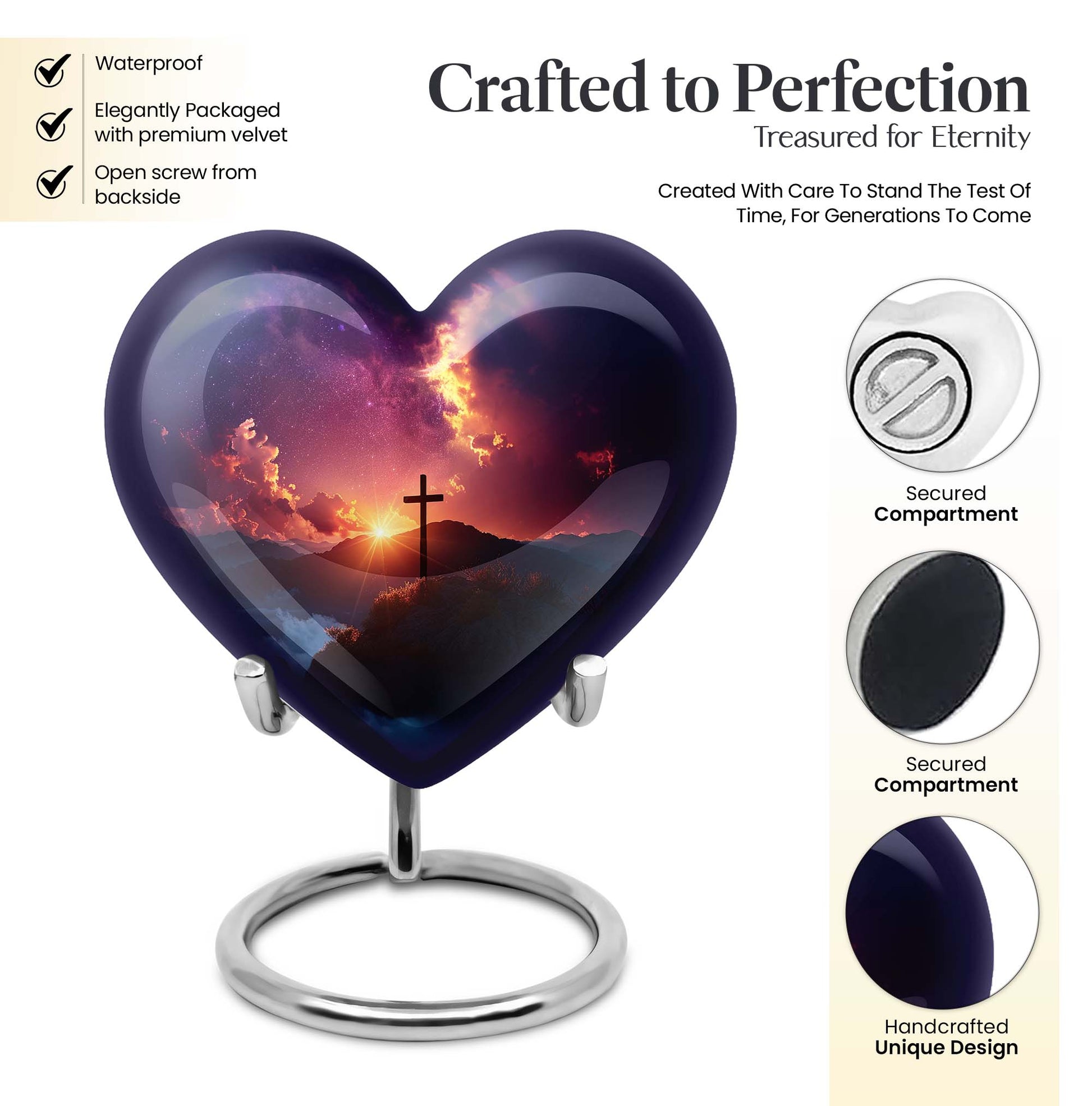 10-inch heart-shaped cross urn for women's ashes, Gramophone-themed, made of aluminium