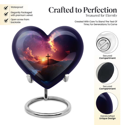 10-inch heart-shaped cross urn for women's ashes, Gramophone-themed, made of aluminium