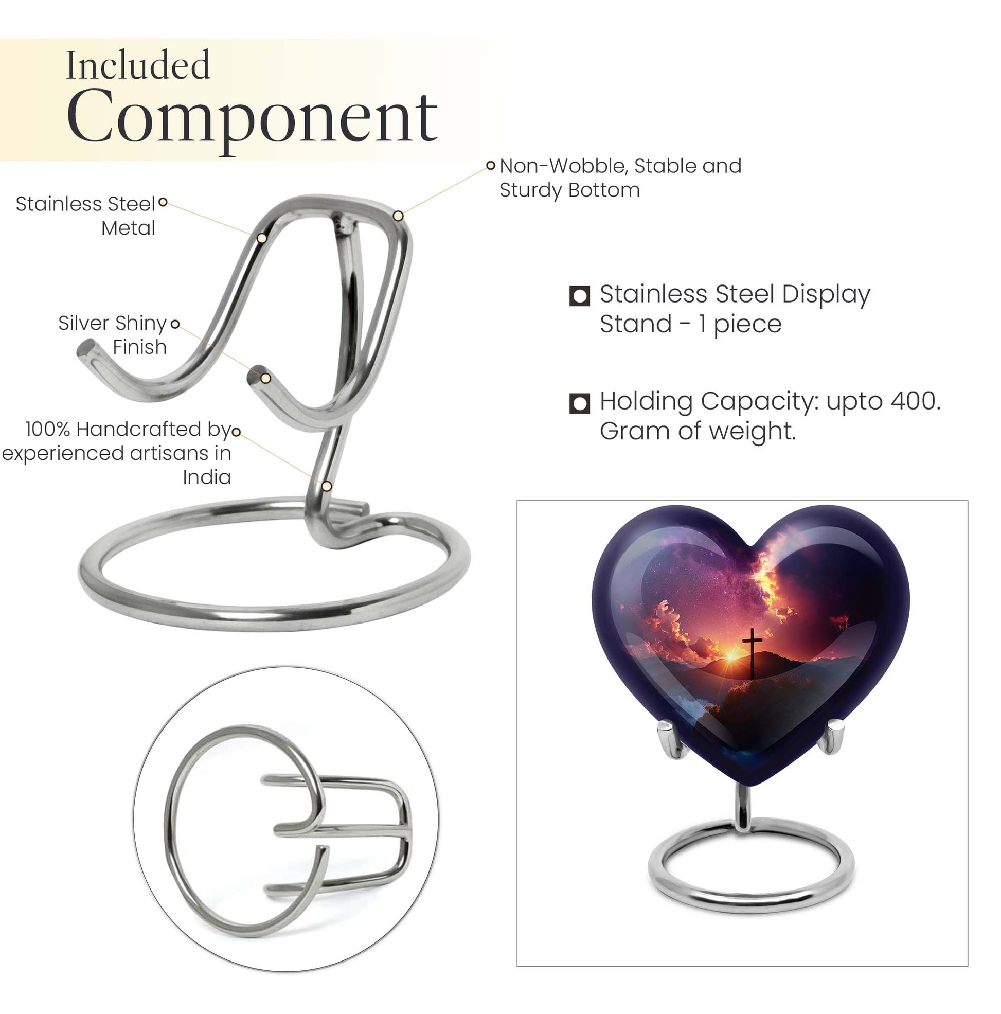 10-inch heart-shaped cross urn for women's ashes, Gramophone-themed, made of aluminium
