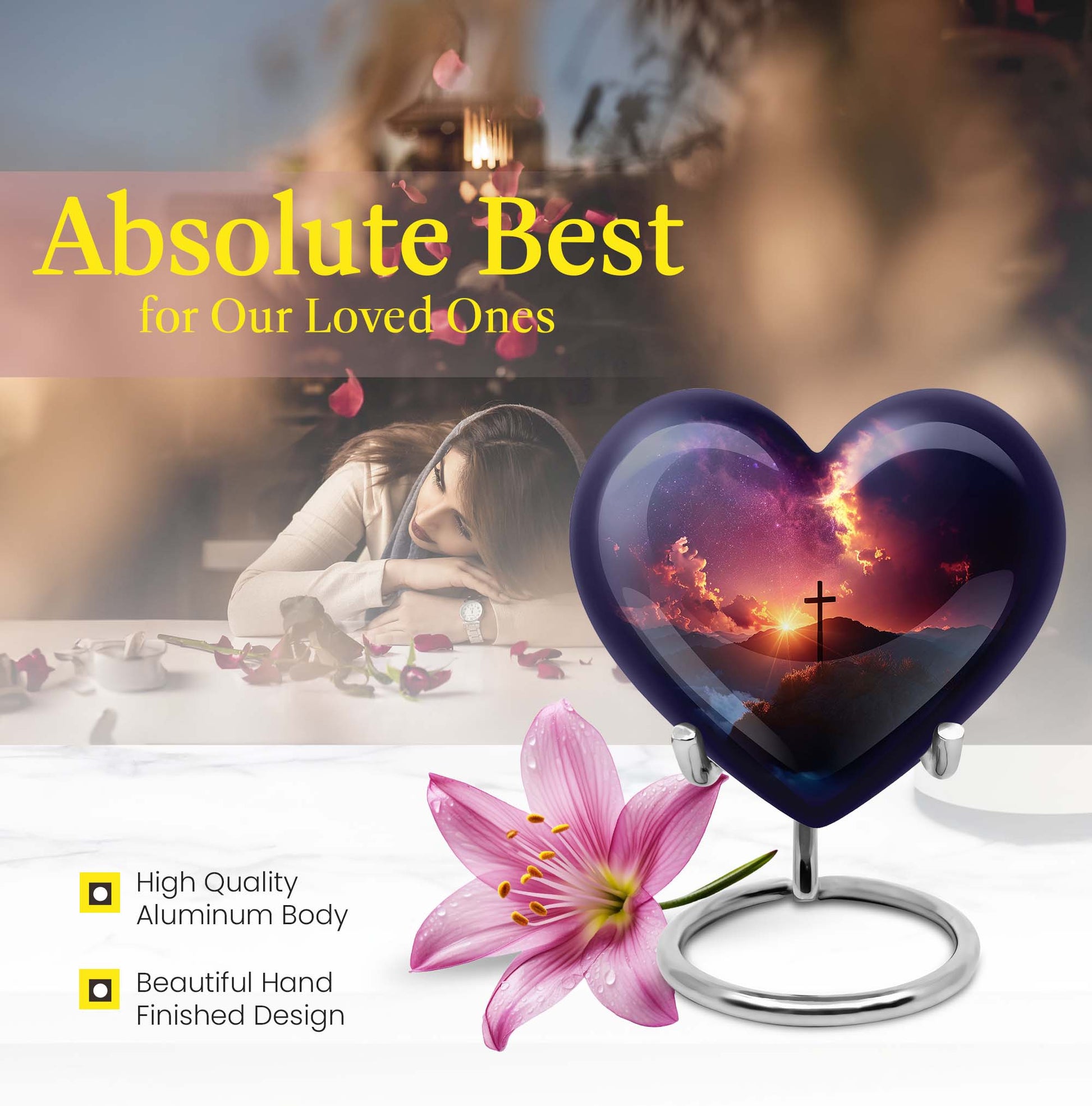 10-inch heart-shaped cross urn for women's ashes, Gramophone-themed, made of aluminium