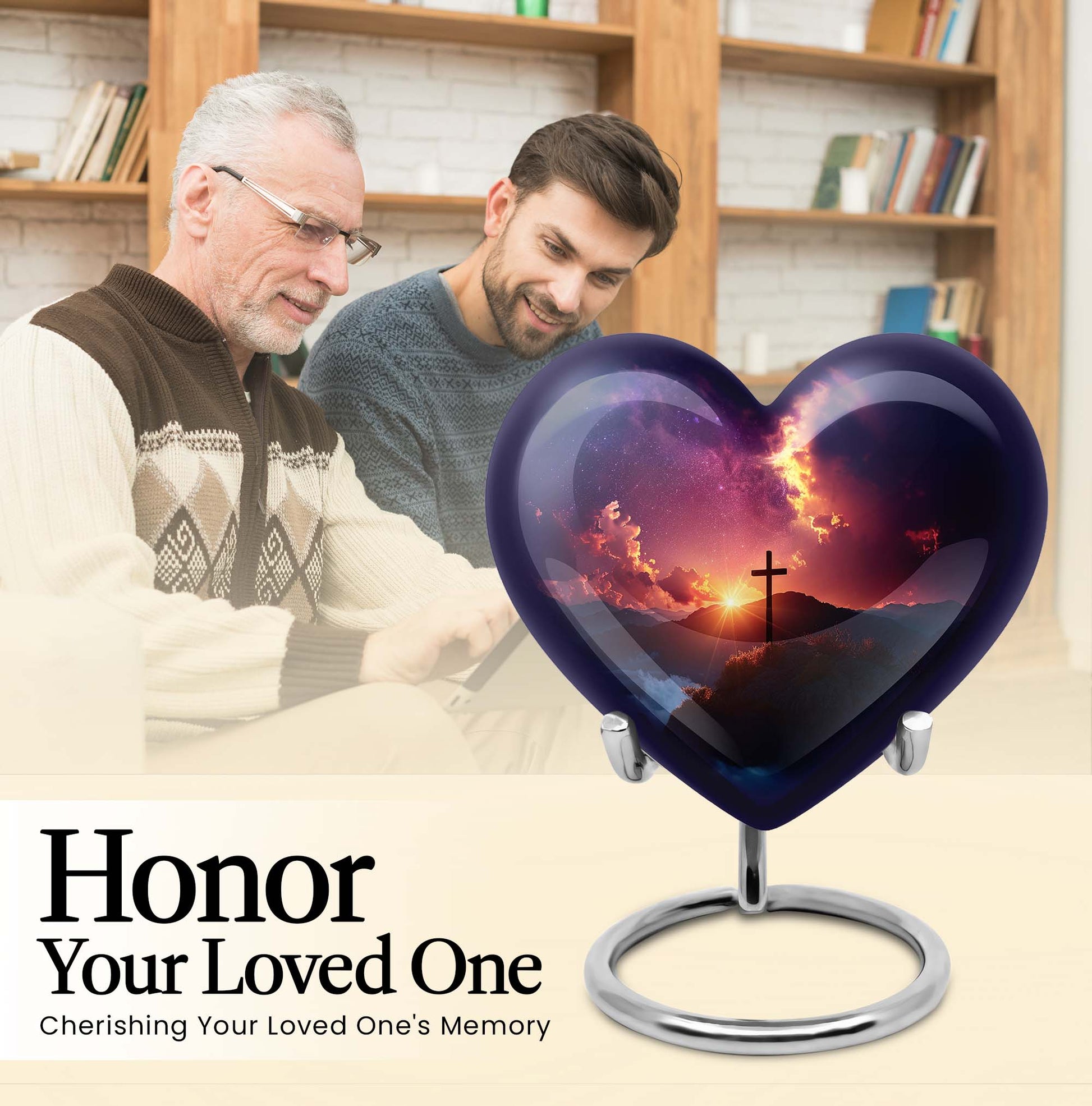 10-inch heart-shaped cross urn for women's ashes, Gramophone-themed, made of aluminium