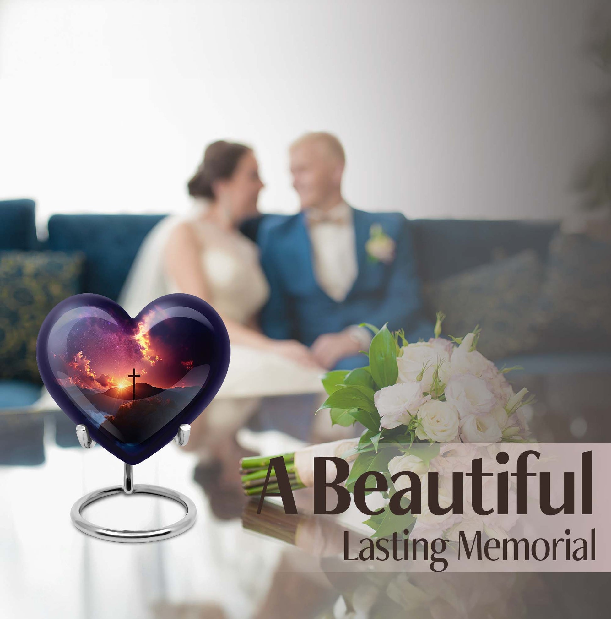 10-inch heart-shaped cross urn for women's ashes, Gramophone-themed, made of aluminium