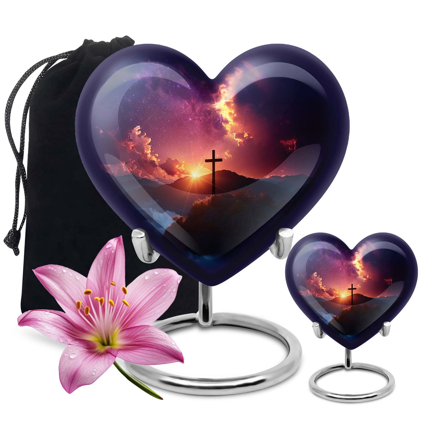 10-inch heart-shaped cross urn for women's ashes, Gramophone-themed, made of aluminium