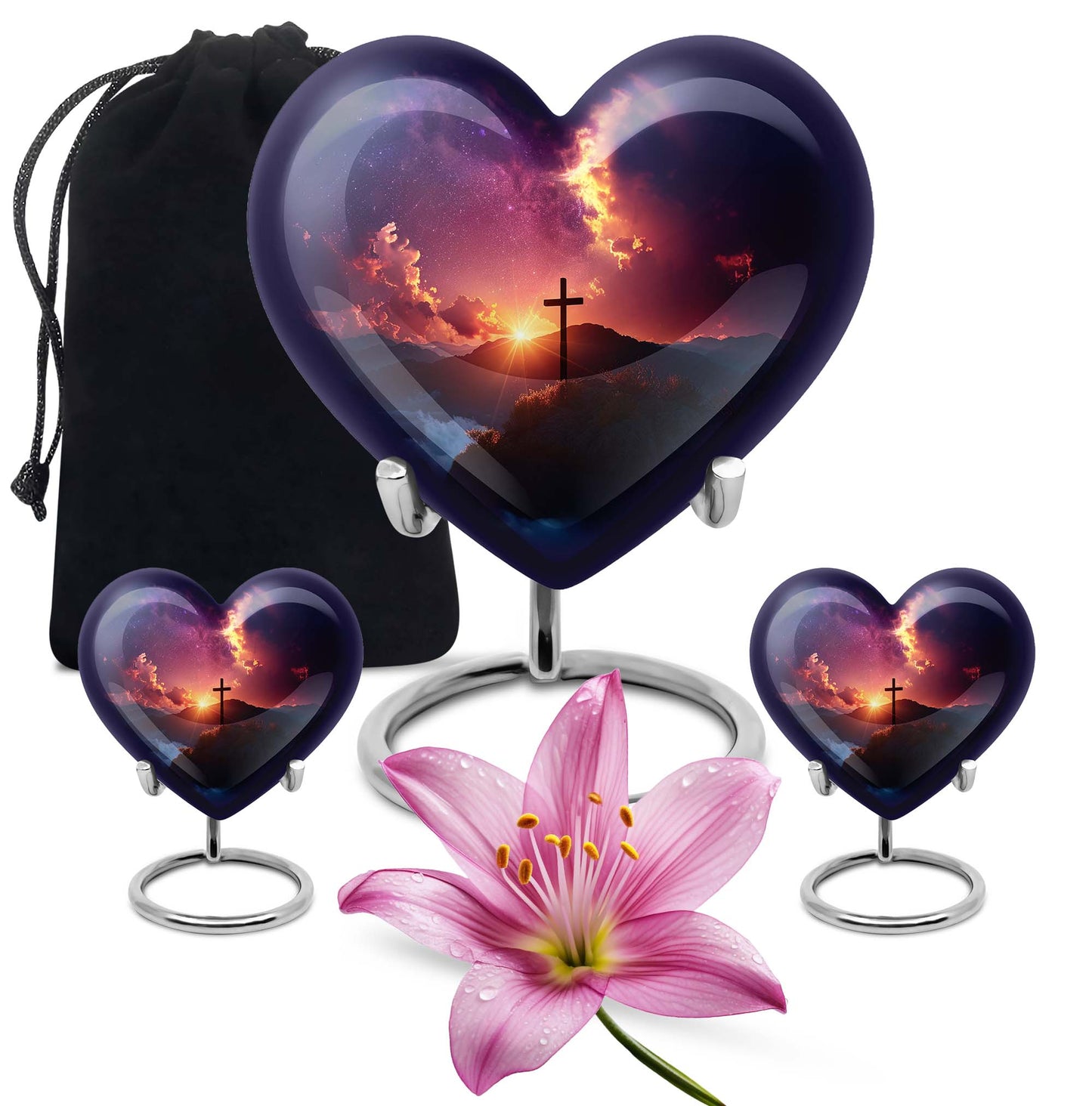 10-inch heart-shaped cross urn for women's ashes, Gramophone-themed, made of aluminium