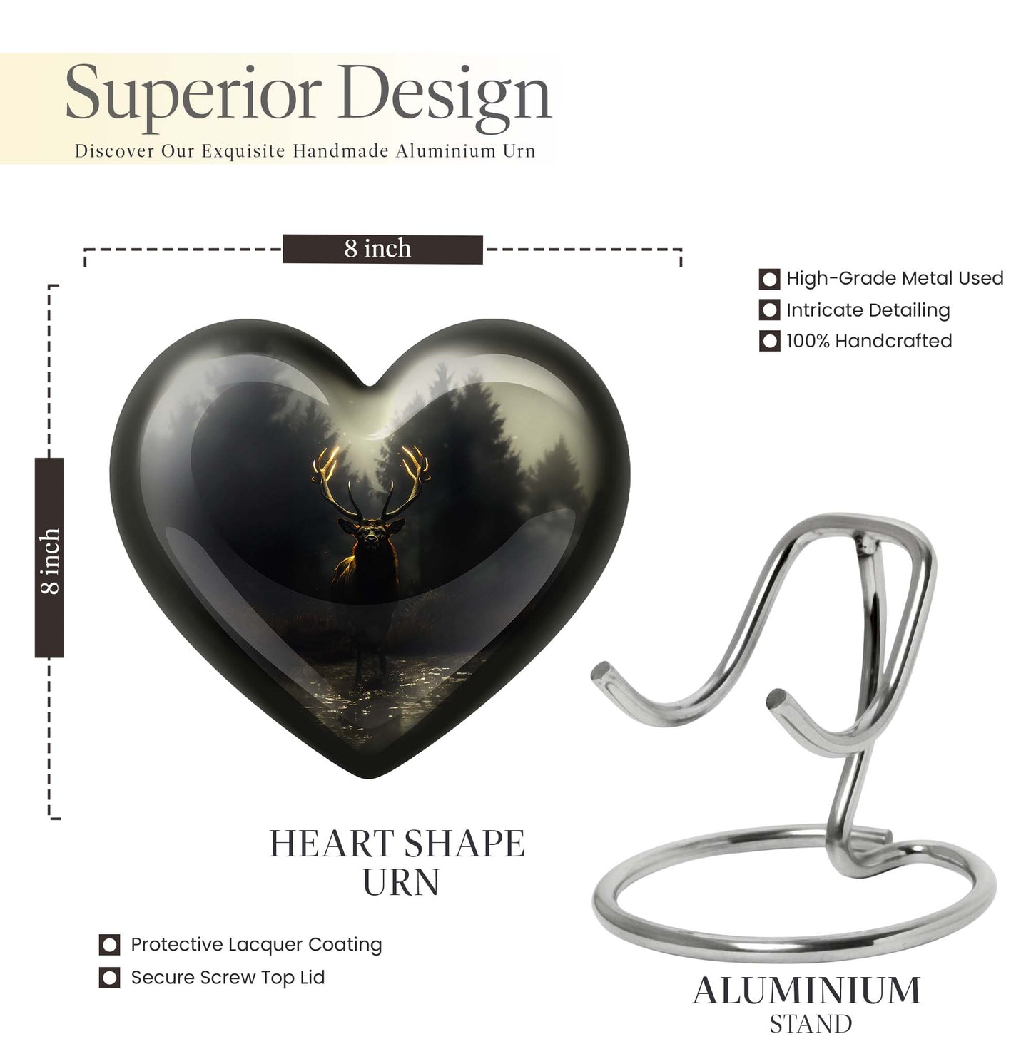 10-Inch Heart-designed Deer Cremation Urn with Gramophone Theme