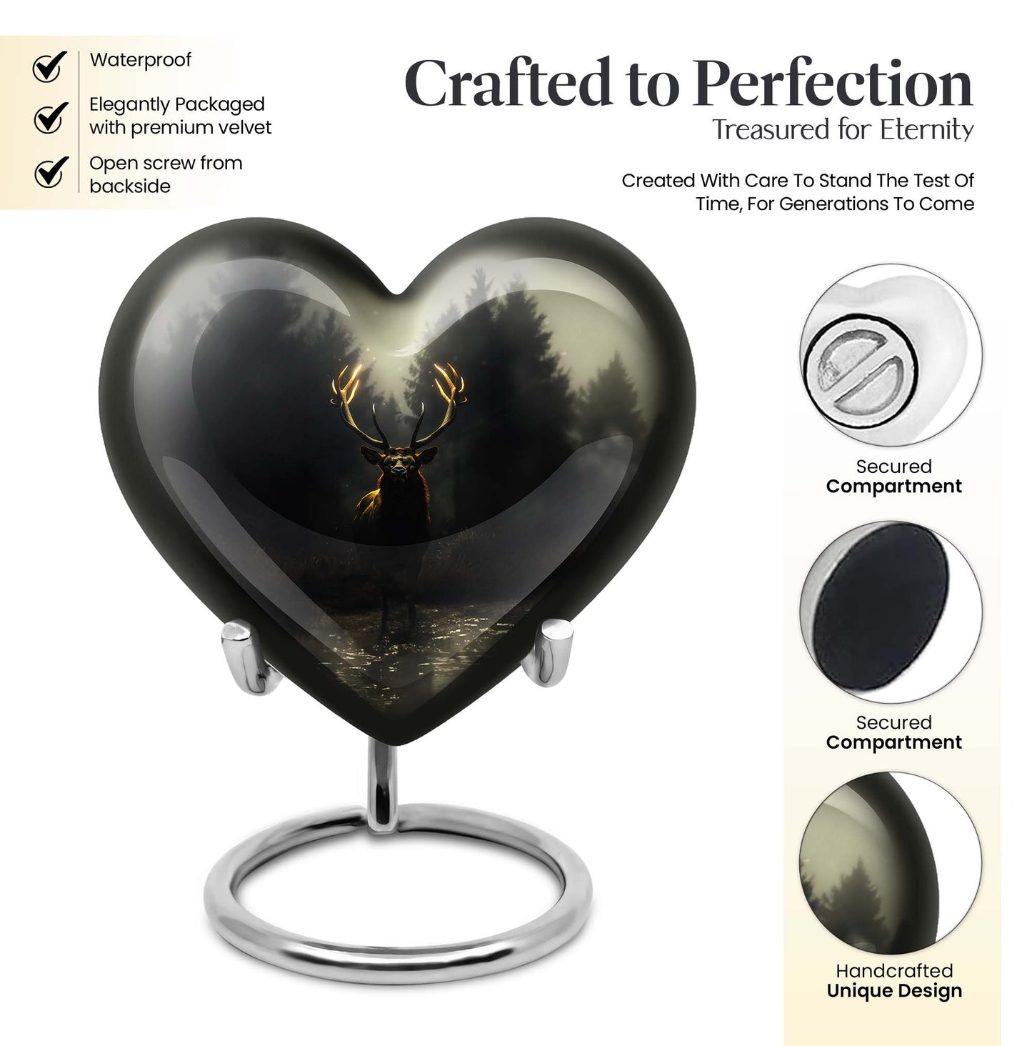 10-Inch Heart-designed Deer Cremation Urn with Gramophone Theme
