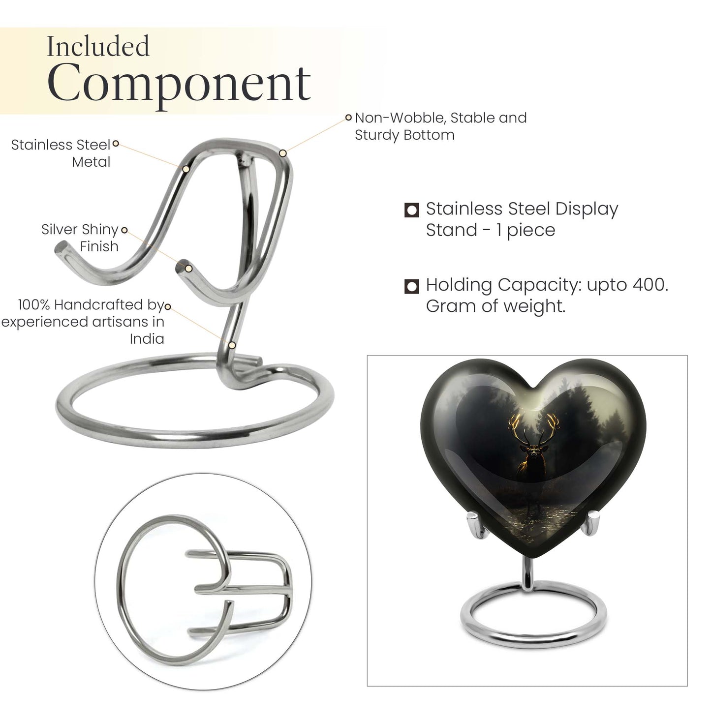 10-Inch Heart-designed Deer Cremation Urn with Gramophone Theme