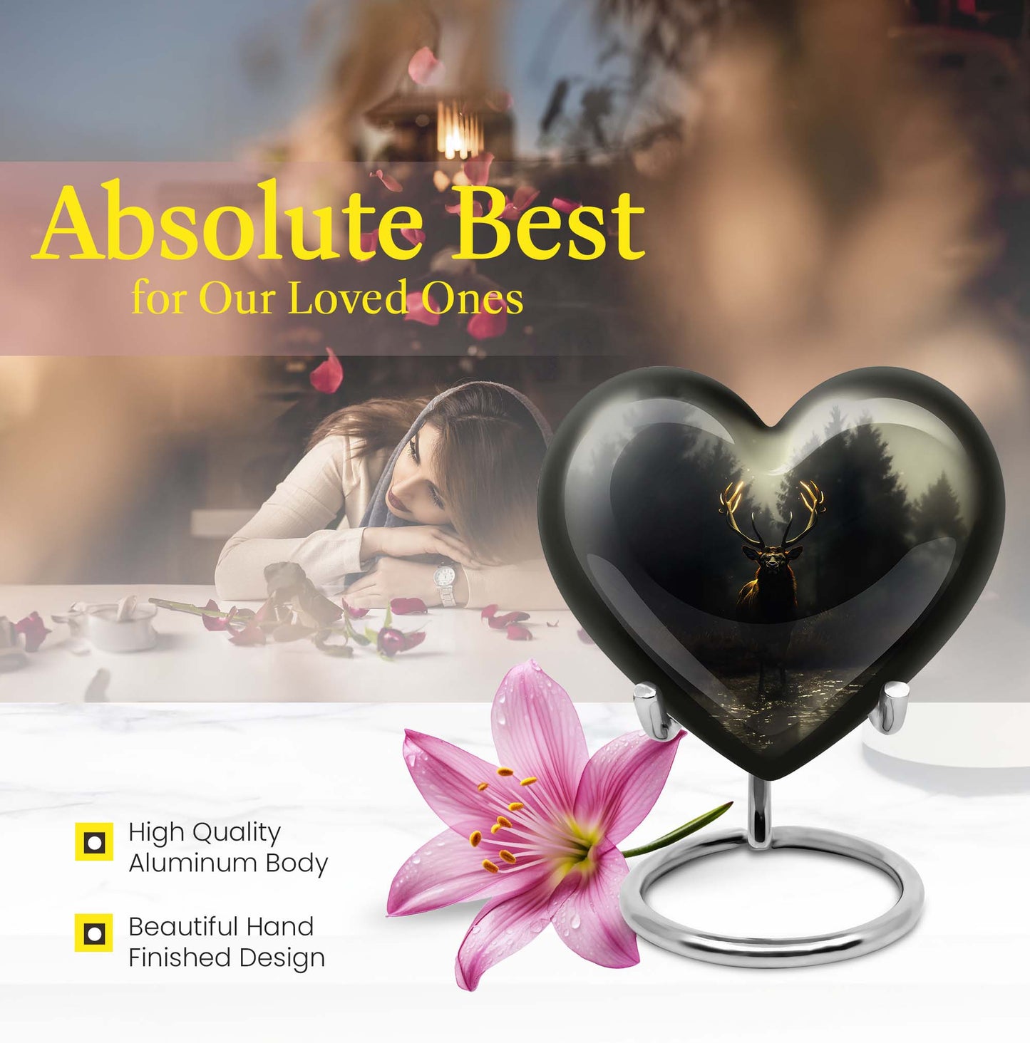 10-Inch Heart-designed Deer Cremation Urn with Gramophone Theme