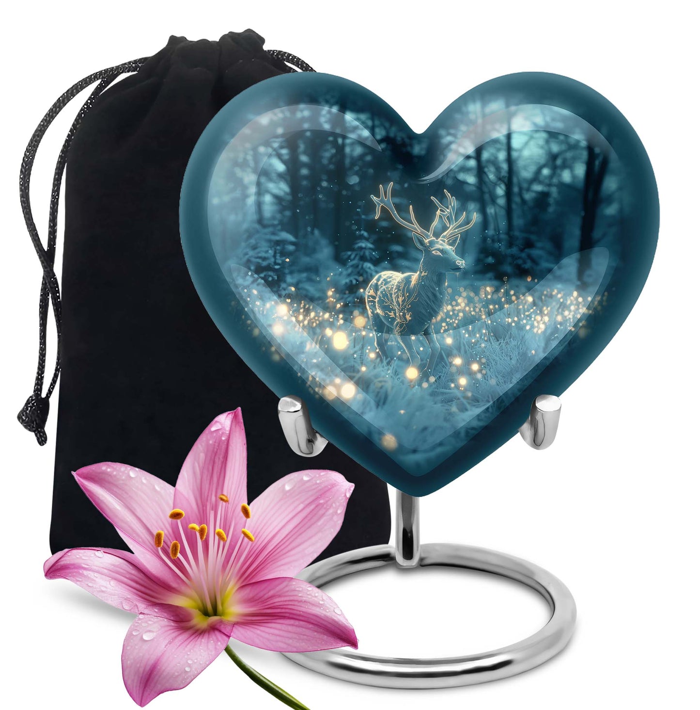 Large, heart-shaped, deer-themed cremation urn with gramophone design