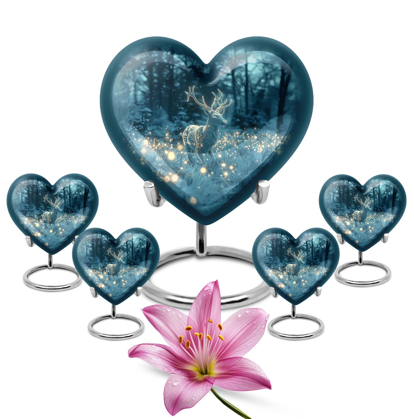 Large, heart-shaped, deer-themed cremation urn with gramophone design